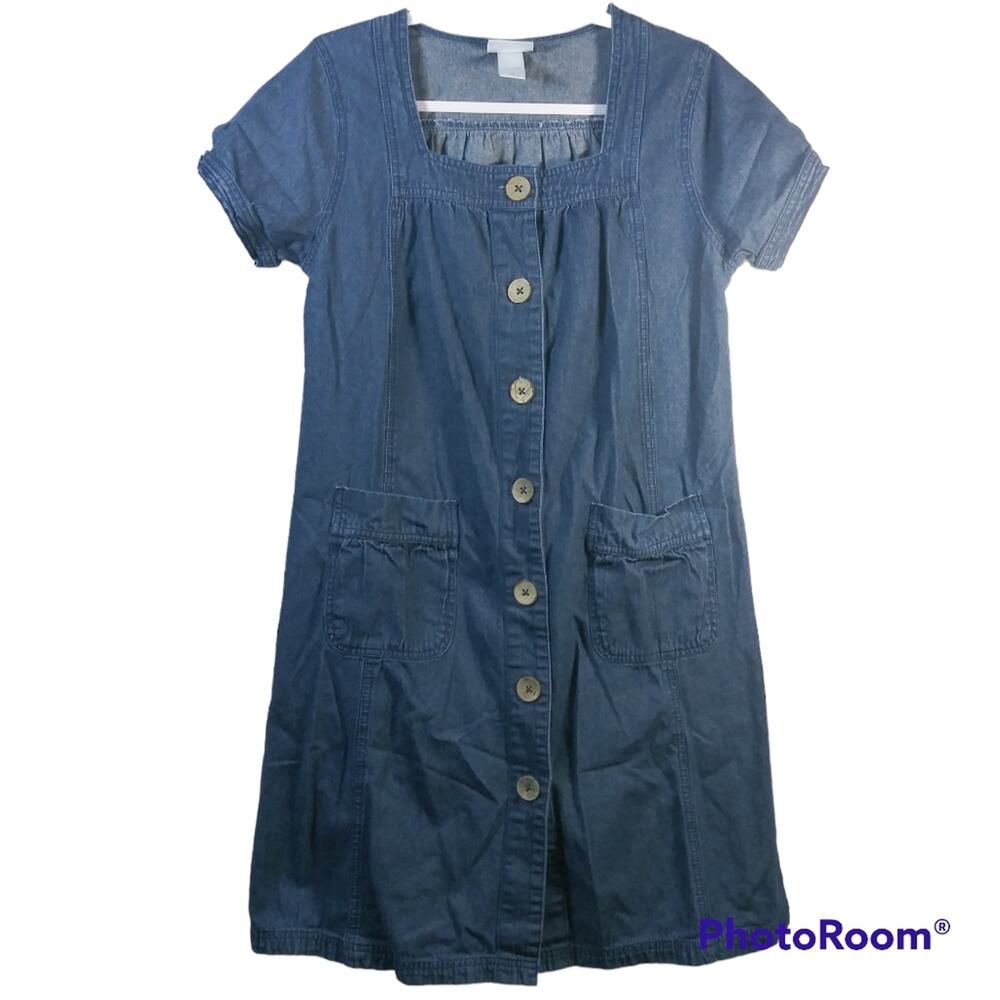 Vicki Blue Vintage Short Sleeve Jean Dress Dark Wash Denim Button Down Size PM